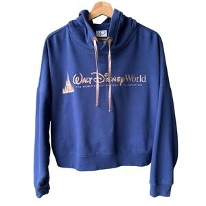 Walt Disney World Sweater Hoodie Top Navy Blue Rose Gold Cropped Casual Sz Large